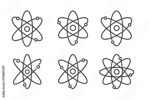 Atom icon set. Science symbol collection. Physics, chemistry, nuclear energy concept. Molecule, particle, electron orbit pictogram. Thin line vector illustration for web, app design.