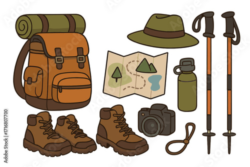 Hiking gear essentials for outdoor adventure. Camping equipment set. Trekking collection. Vector cartoon icons. Backpack, boots, map, poles, camera. Travel, exploration, nature.