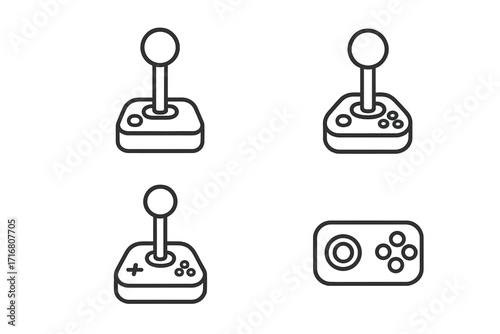 Joystick line icon set. Gamepad controller pictogram. Retro video game and arcade console symbols. Minimalist outline icons for app design. Editable stroke vector.