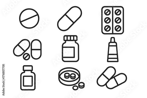 Pills and Medication Icon Set for UI, Placards, Books, Apps. Editable Stroke Vector Illustration of Capsules, Tablets, Pills, Medicine Bottles, and Cream Tubes for Web and Print