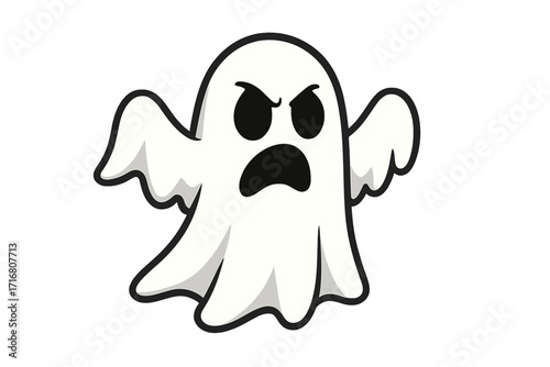 Angry ghost vector icon. Spooky flying phantom cartoon for Halloween party. Scary monster spirit illustration. Frightening poltergeist silhouette. Isolated horror design element.