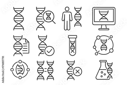 DNA thin line icons collection. Editable stroke vector icon set. Genetics, biology research, and science symbols. Gene analysis, lab test, and medical diagnostic concept design.