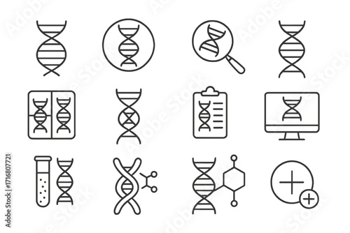 DNA line icon set. Genetics, biotechnology, science, and medical research vector symbols. Gene analysis, molecular structure, and lab testing concepts. Editable stroke.