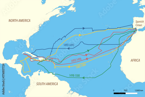Quadro su tela Map of the Four Voyages of Christopher Columbus from Europe to America
