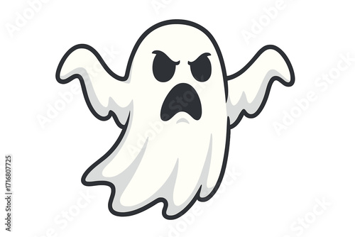 Scary ghost cartoon illustration. Angry phantom icon for halloween. Spooky monster character. Frightening horror creature. Flying spirit symbol. Isolated vector.