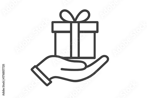 Hand holding gift box icon, giving present symbol, vector illustration for websites, apps, cards, digital use, transparent background, simple cartoon style, business and charity concept