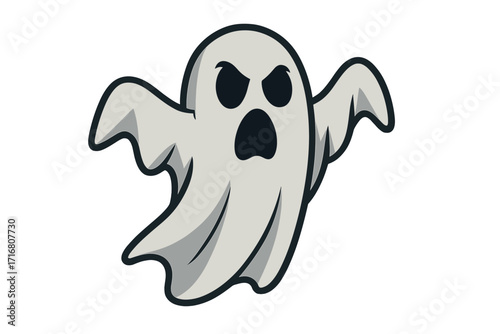 Ghost icon vector illustration. Flying angry phantom. Spooky Halloween monster. Evil spirit silhouette. Scary horror character design for holiday celebration. Boo symbol.