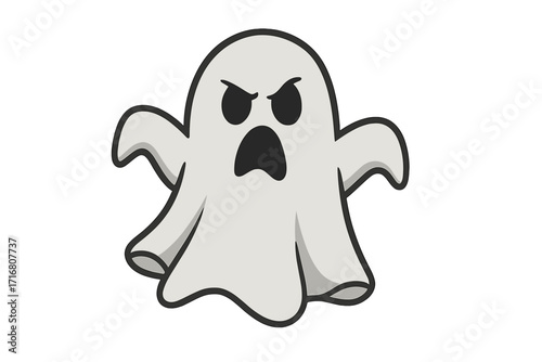 Angry ghost vector icon. Spooky flying phantom character for Halloween. Scary monster spirit illustration. Evil soul mascot design. Cartoon poltergeist haunting symbol.