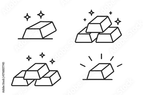 Gold bar line icon set. Bullion and ingot collection. Symbol of wealth, finance, and investment. Treasure concept. Bank savings and profit. Precious metal outline vector.