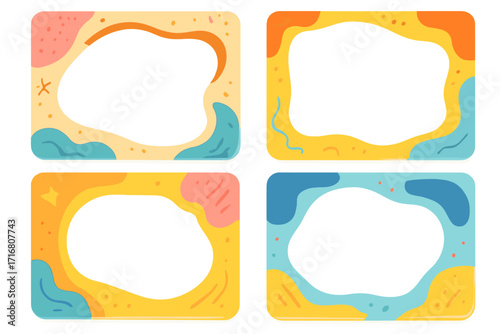 Summer beach photo frame collection. Modern abstract border set with sea wave and sand texture. Cute cartoon vector background for kids party invitation or vacation poster.