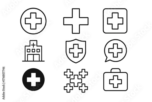 Medical cross icon set. Health, hospital, first aid kit, and clinic symbols. Emergency care pictogram collection. Healthcare and medicine concept line icons for web and app design.