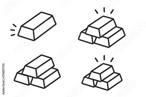 Gold bar stack line icon set. Bullion or ingot pile collection. Financial concept of wealth, investment, and banking. Treasure symbol. Shiny precious metal graphic vector illustration.