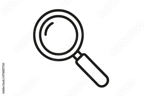Search icon, find symbol, magnifying glass vector. Loupe for research, analysis, investigation, discovery. Zoom tool for inspection. Minimal linear outline graphic illustration.
