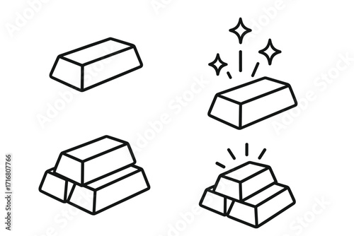 Gold bar and ingot stack line icon set. Precious metal bullion symbol. Finance, banking, investment concept. Vector illustration of wealth, treasure, savings, success, profit.