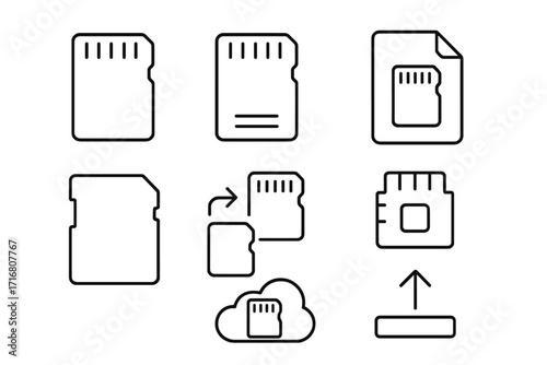 MicroSD memory card line icon set. Flash drive data storage symbol. Digital info, file transfer, adapter, upload, and cloud backup vector icons. Minimal outline pictogram pack.