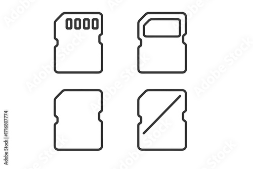 MicroSD memory card line icon set. Vector flash drive storage concept. Digital data chip pictogram for web, UI, UX design. Mobile technology symbol collection. Editable stroke.