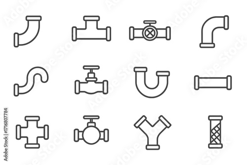 Pipe icon set. Plumbing line art collection. Pipeline construction vector symbols. Water tube, valve, connector, drain, and fitting icons for floor plan and engineering.