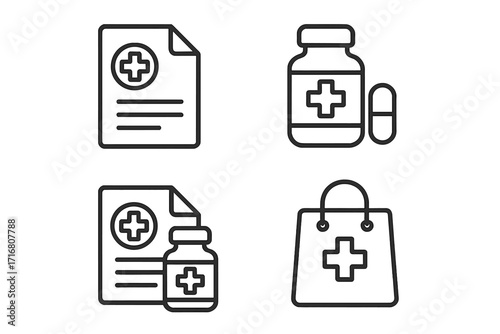 Pharmacy line icon set. Medical prescription, pill bottle, medicine capsule, and drugstore bag. Healthcare concept for web and apps. Editable stroke vector illustration.