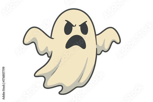 Angry ghost cartoon character. Halloween spooky monster icon. Mad evil spirit with an angry face expression. Scary phantom vector illustration for holiday design. Boo.