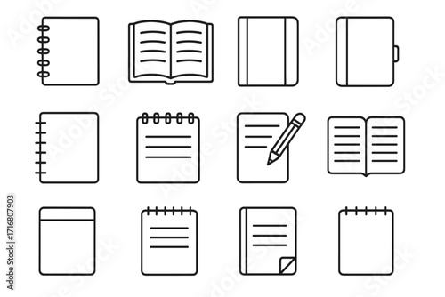Notebook line icon set. Book for notes, diary, journal, and planner thin icons. Vector bundle of writing, stationery, and office pictograms. Editable stroke symbol.