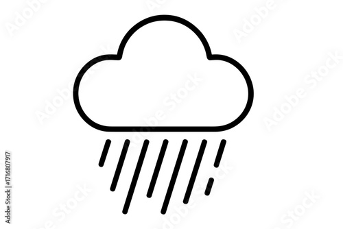 Rain cloud outline vector icon. Linear weather symbol with heavy rainfall droplets. Simple black cloud with rain lines for graphic, web design, apps, advertisements, cards, and meteorology concepts.