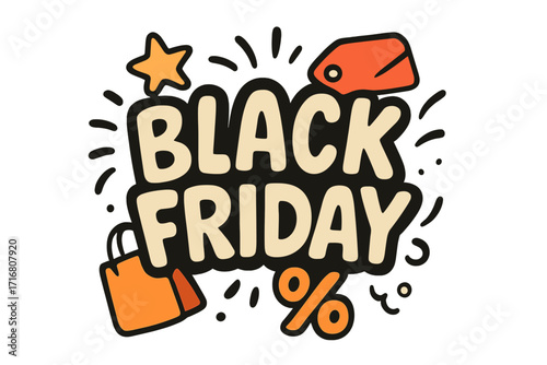 Black Friday sale lettering design for promotional banner or poster. Vector cartoon illustration with shopping bag, price tag, percent sign. Modern advertising sticker concept.