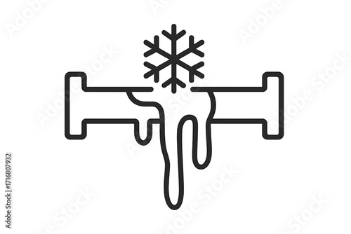 Frozen pipe line icon. Winter plumbing problem concept. Damaged water tube with ice and snowflake. Cold weather house heating emergency symbol. Freezing pipeline vector logo.