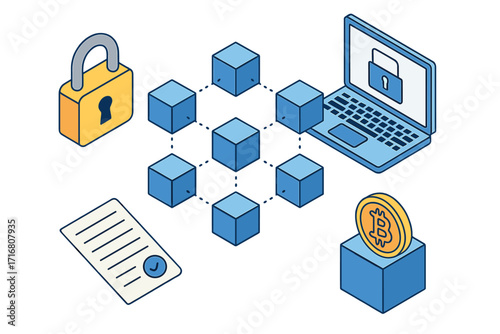 Blockchain technology isometric illustration. Cryptocurrency security concept. Digital money, bitcoin, and smart contract. Fintech innovation and secure financial transaction.