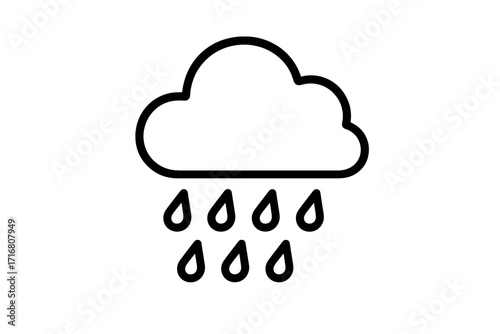 Rain cloud outline icon with falling raindrops symbol, cartoon vector illustration, weather meteorology icon for graphic design, apps, adverts, and various cards