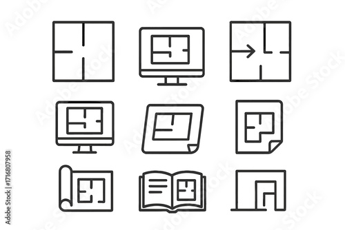 Floor plan line icons set. Architecture and interior design concept. House blueprint, building layout, and construction project symbols. Editable stroke vector illustration for web.