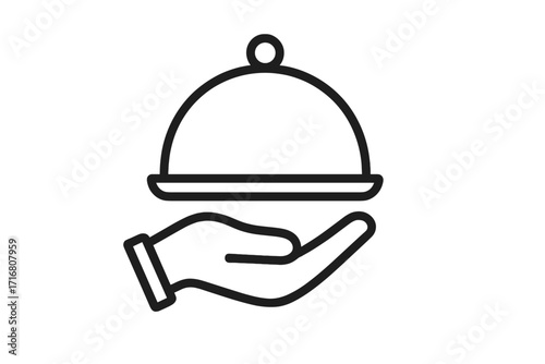 Minimalistic linear restaurant cloche over giving hand icon, service tray symbol for web design, apps, banners, social media, food delivery, and hospitality concepts vector illustration