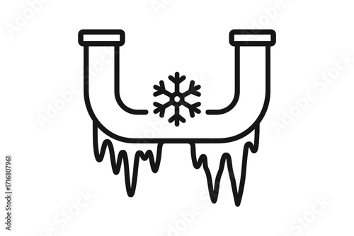Frozen pipe icon. Plumbing problem in winter. Cold temperature, ice and snow. Water pipe with icicles. Freeze, frost damage concept. Outline vector illustration symbol.