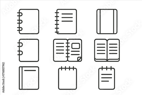 Notebook line icon set. Book, notepad, and diary symbols. Outline vector collection for web and apps. Editable stroke for business, school, or office stationary concepts.