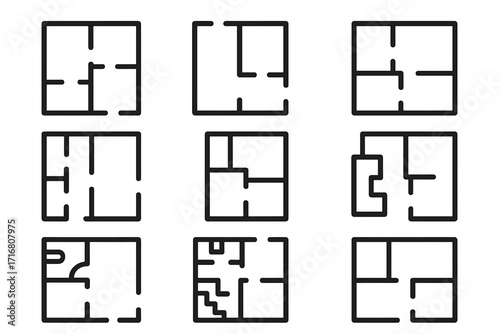 Floor plan line icon set. Architecture blueprint symbols for house layout and apartment design. Vector technical drawing and room scheme pictogram collection. Editable stroke.