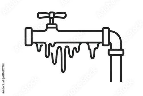 Frozen pipe outline linear sign. Water tap with icicles vector icon. Winter cold temperature plumbing problem. Concept of burst pipes, damage, and heating system failure.