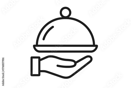 Restaurant cloche with serving hand icon. Minimalistic linear sign, food service tray, hospitality symbol for web, apps, banners, social media, and graphic design. Vector cartoon illustration.