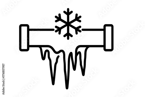 Frozen pipe icon. Winter plumbing problem concept. Cold weather water pipe damage with ice and icicles. Outline vector illustration for heating and insulation service.