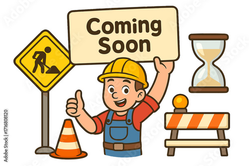 Coming soon under construction concept. Website maintenance page. Work in progress banner. New product launch promotion. Cartoon builder character. Vector man with sign. Icon set.