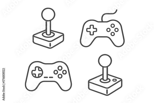 Joystick and gamepad line icon set. Minimalistic linear pictogram pack for gaming design. Vector illustration of retro arcade stick and modern console controllers. Editable stroke.