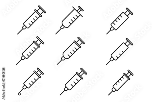 Syringe Outline Vector Collection, Simple Linear Medical Injection Icons, Editable Stroke, Transparent Background, Cartoon Style Vaccination and Injection Graphics for Web, Apps, Books