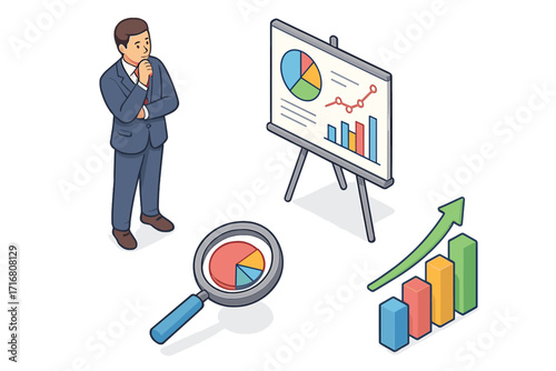Data-driven decision making isometric illustration. Businessman analyzing charts for business strategy, growth. Data analysis, financial statistics and reporting cartoon vector set.