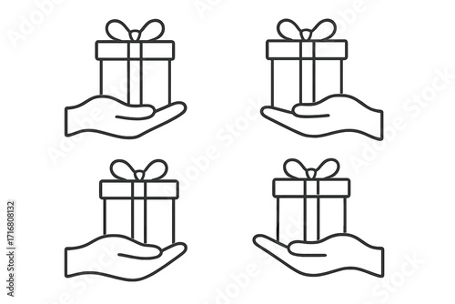Gift in hand outline icon collection. Giving a present with a bow. Simple linear vector for bonus, reward, loyalty program. Charity or celebration symbol. Editable stroke.