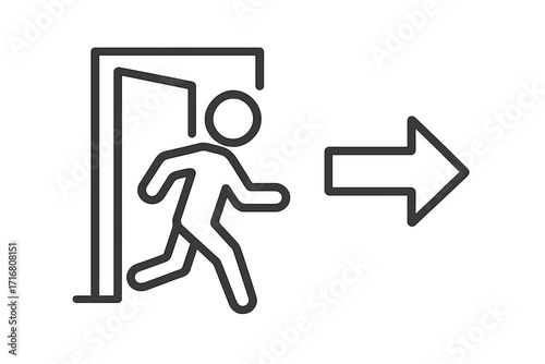 Exit symbol linear icon. Man running from door with arrow. Emergency evacuation sign concept. Way out pictogram. Safety, warning, and escape vector illustration.