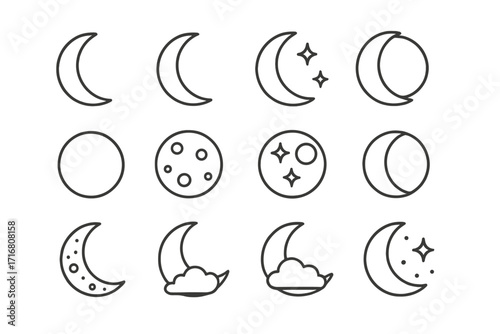 The Moon and Crescent Outline Simple Linear Icon Collection, Editable Stroke Vector Set, Cartoon Moon Phases with Stars and Clouds, Ideal for Web, Apps, Books, Cards Design