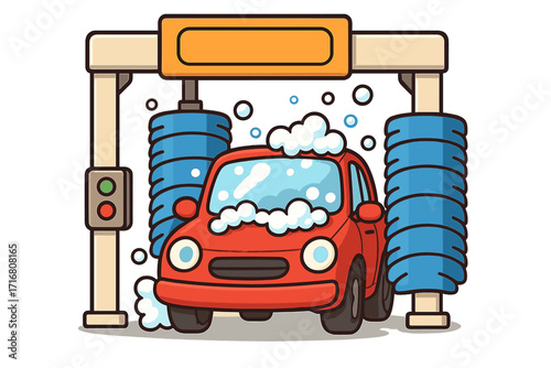 Automatic car wash service vector illustration. Cartoon red auto in a cleaning station with soap foam and rotating brushes. Vehicle maintenance and auto detailing concept.