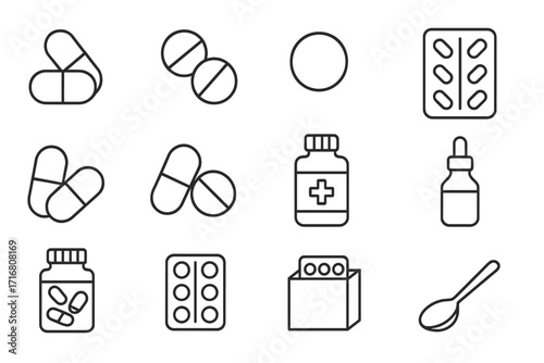 Pills and medication thin line icon set. Vector illustration for drugs, capsules, tablets, blister pack, and bottle. Pharmacy, healthcare, and treatment concept. Editable stroke.
