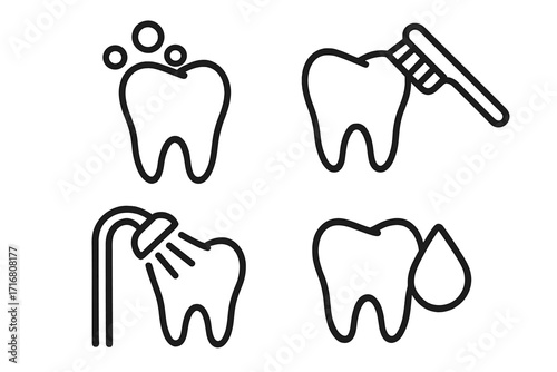 Minimalistic Tooth Care Linear Pictogram Set for Web and Graphic Design, Dental Hygiene Icons with Toothbrush, Shower, Water Drop, and Bubbles for Apps and Social Media