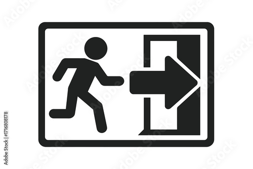 Exit sign vector icon. Emergency escape route symbol. Man running to door pictogram. Safety warning and evacuation direction. Way out linear illustration isolated on white.