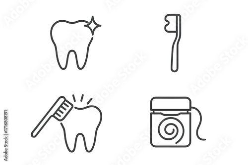 Minimalistic Tooth Cleaning and Oral Hygiene Icon Set, Dental Care Pictograms for Web, Mobile Apps, Banners, Social Media, Vector Cartoon Illustration