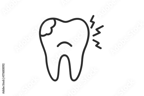 Sad tooth with caries and pain symbol. Toothache concept, dental problem, decay, oral disease, pulpitis. Vector line icon for dentistry, stomatology, and health care.